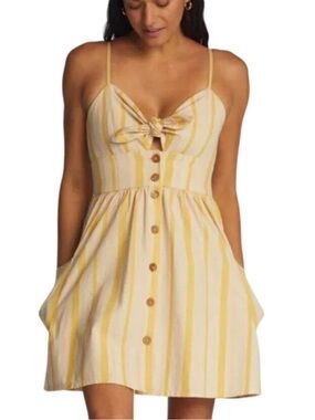 ROXY Under the Cali Sun Striped Mini Dress Tie Button Front Yellow Pink Medium